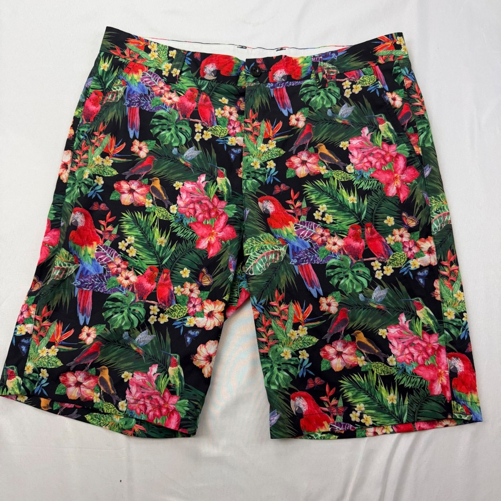Hreski Shorts Mens 34 Black Tropical Parrot Bird Floral Print Flat Front